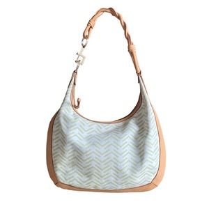 VIA SPIGA: Cream Leather/Canvas Large Shoulder Bag with Braided Handle- SEE PICS